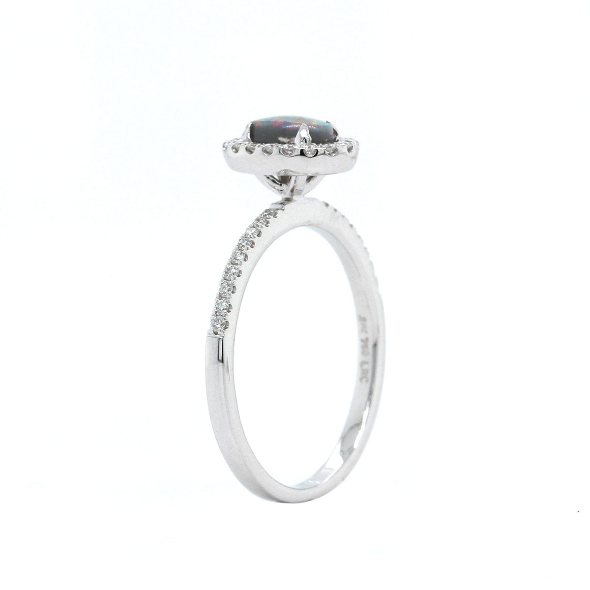 18K White Gold Oval Black Opal and Diamond Halo Ring