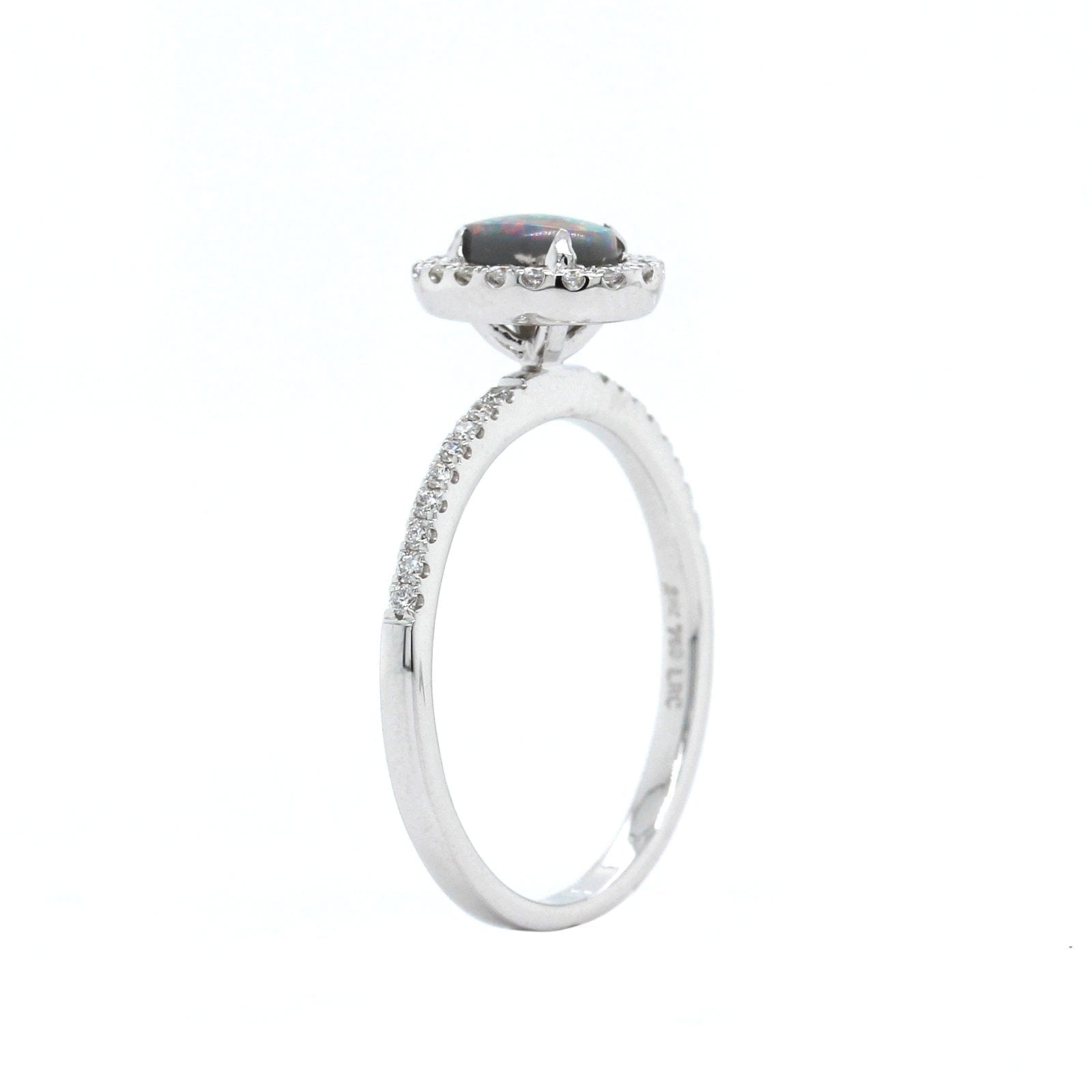 18K White Gold Oval Black Opal and Diamond Halo Ring