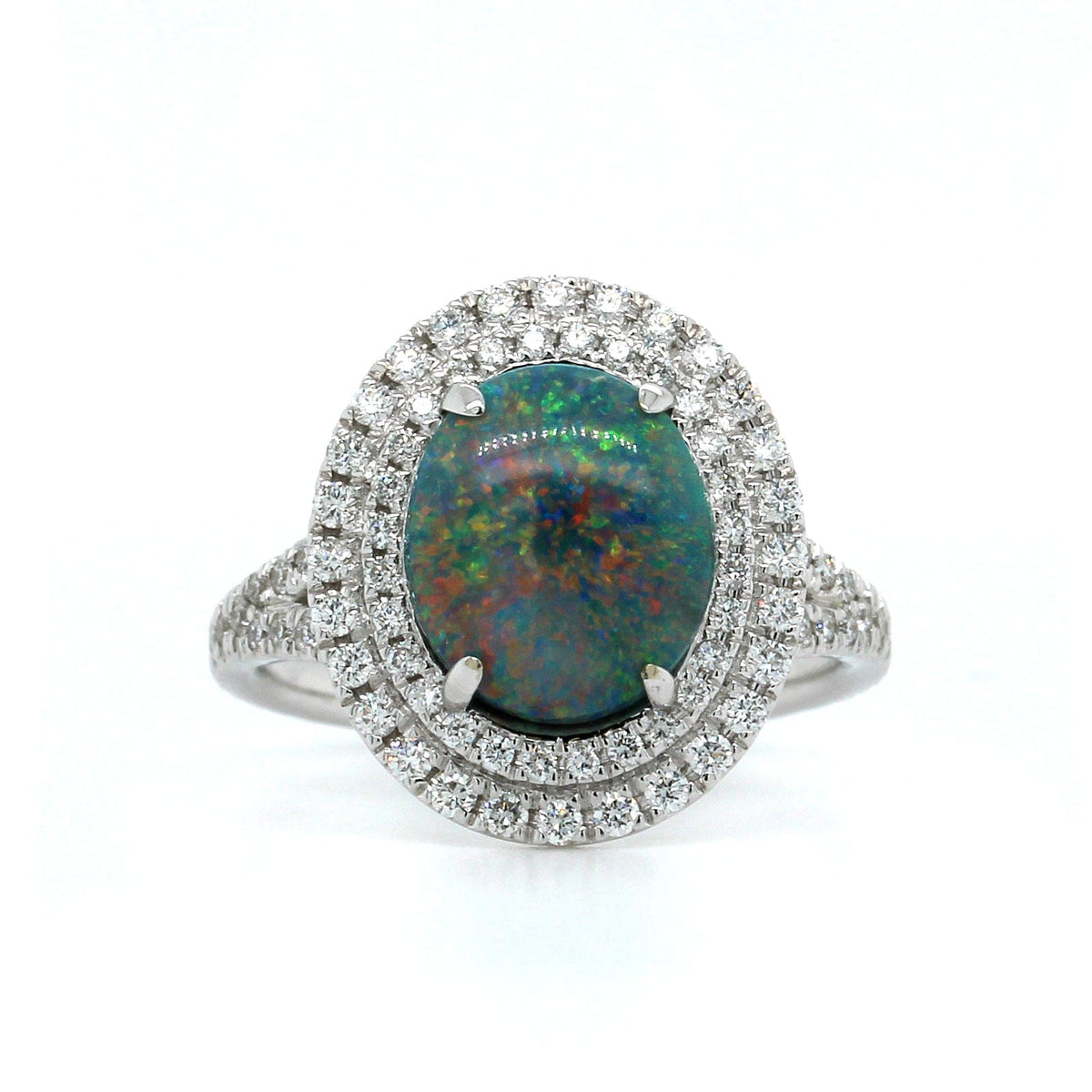 18K White Gold Opal Double Diamond Halo Ring, 18K White Gold, Long's Jewelers
