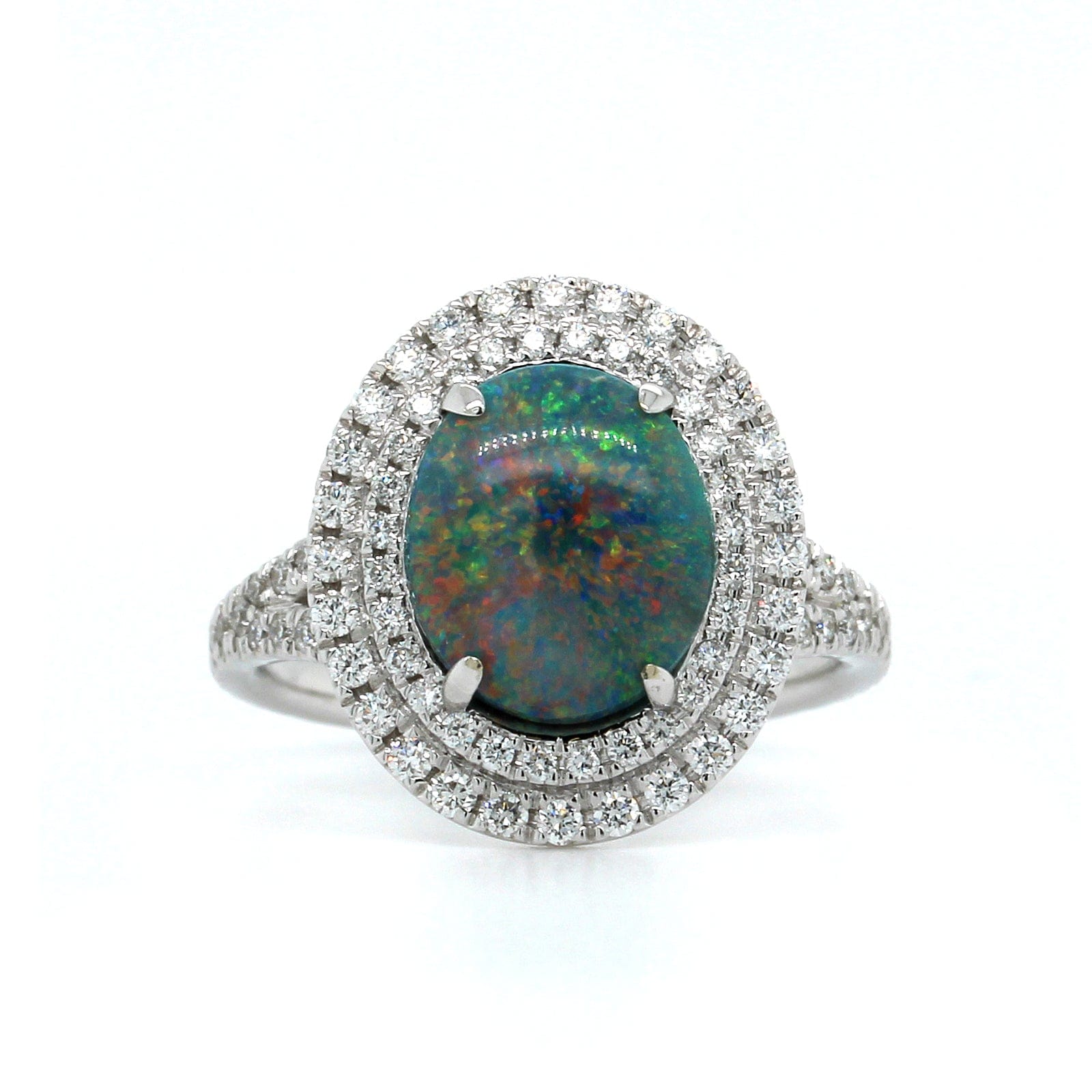 18K White Gold Opal Double Diamond Halo Ring, 18K White Gold, Long's Jewelers