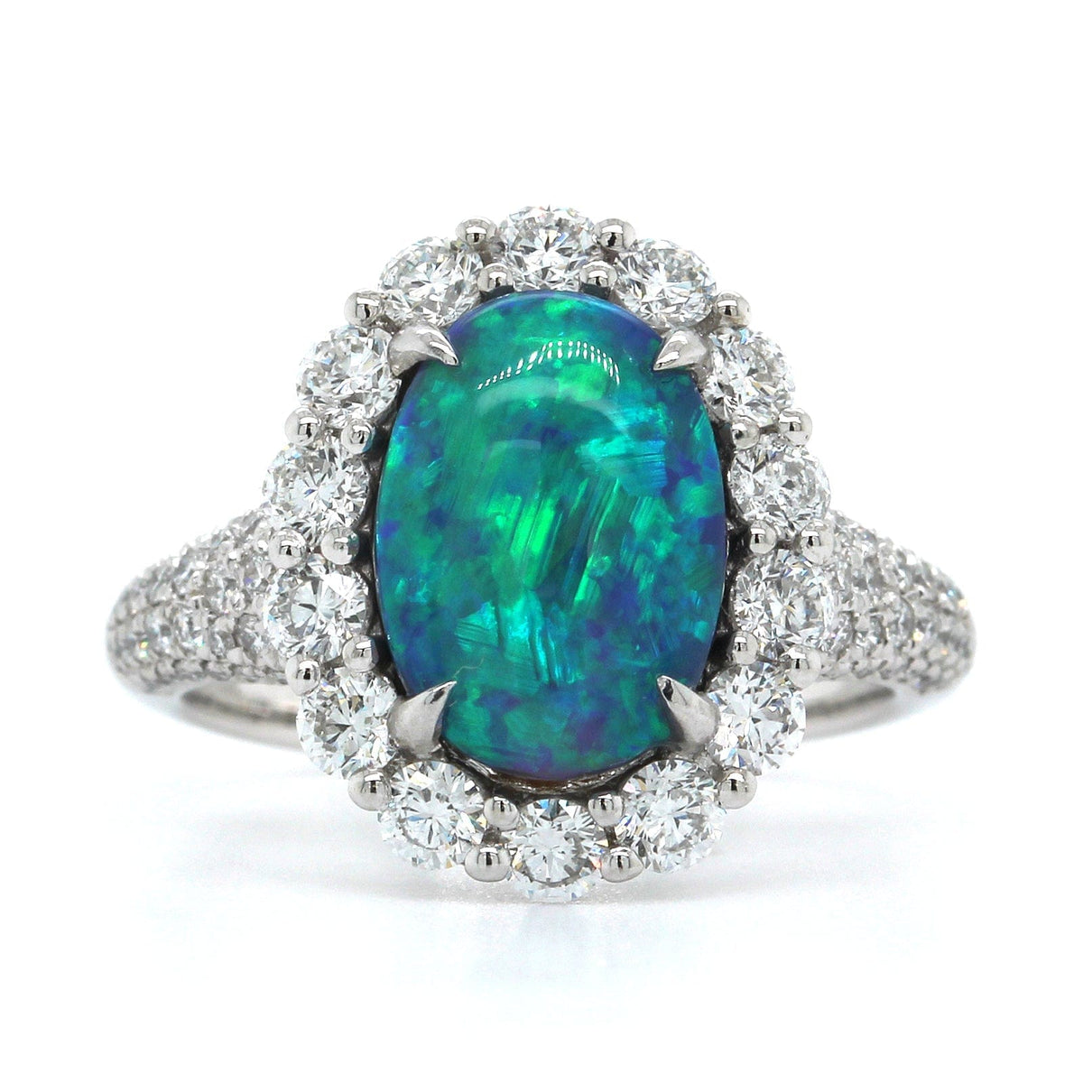 Platinum Oval Opal Diamond Halo Ring, Long's Jewelers