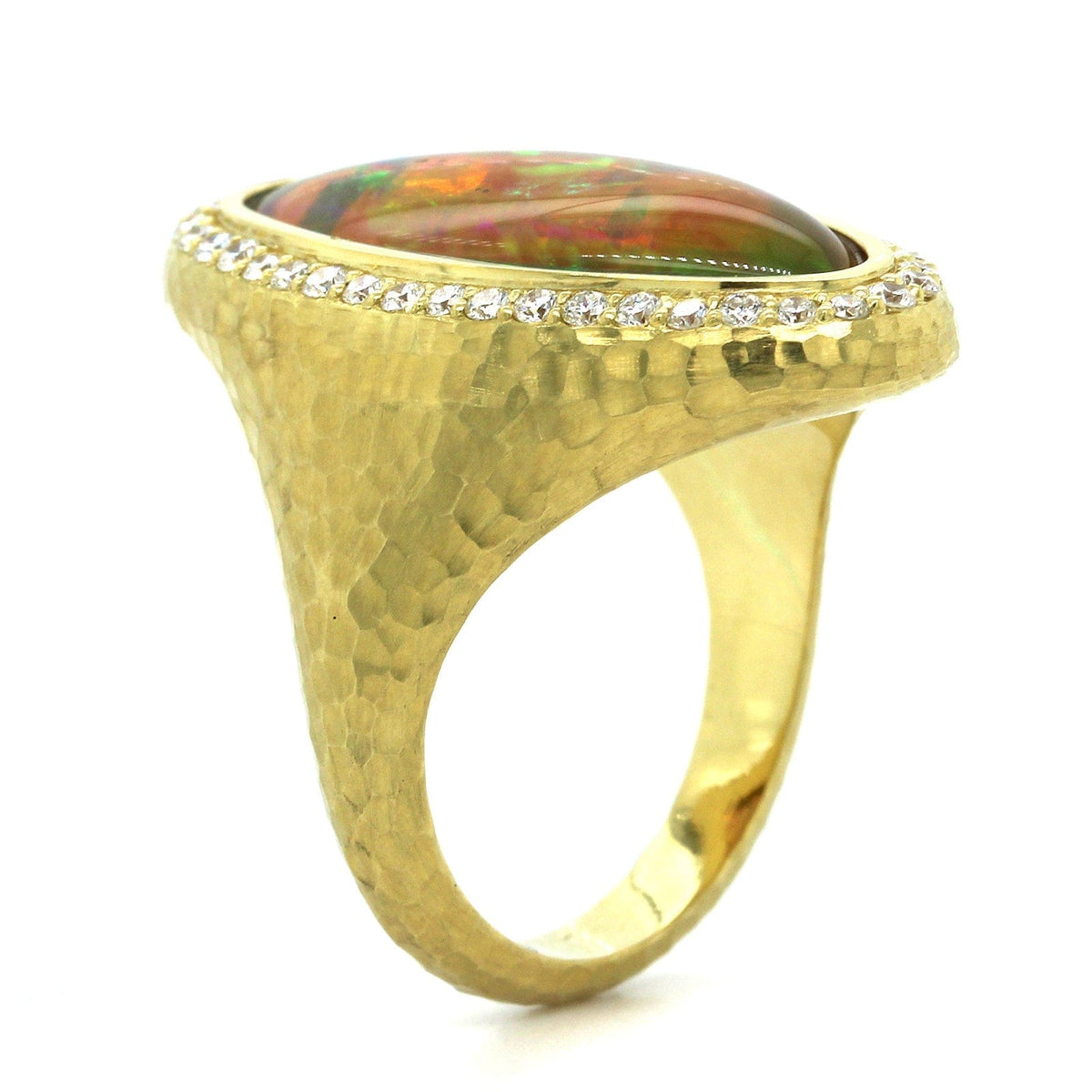 18K Yellow Gold Oval Opal Diamond Halo Ring