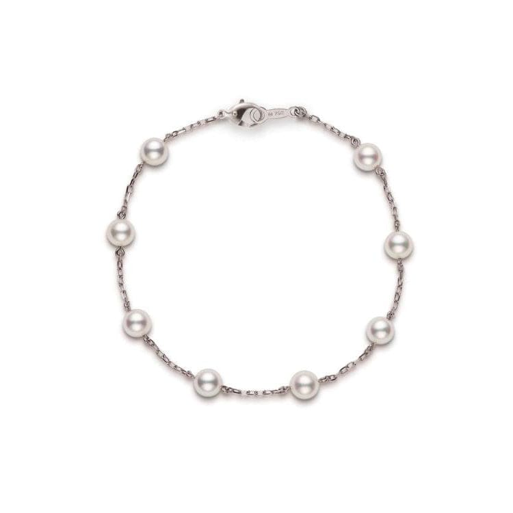 Mikimoto 18K White Gold Tin Cup Pearl Station Bracelet
