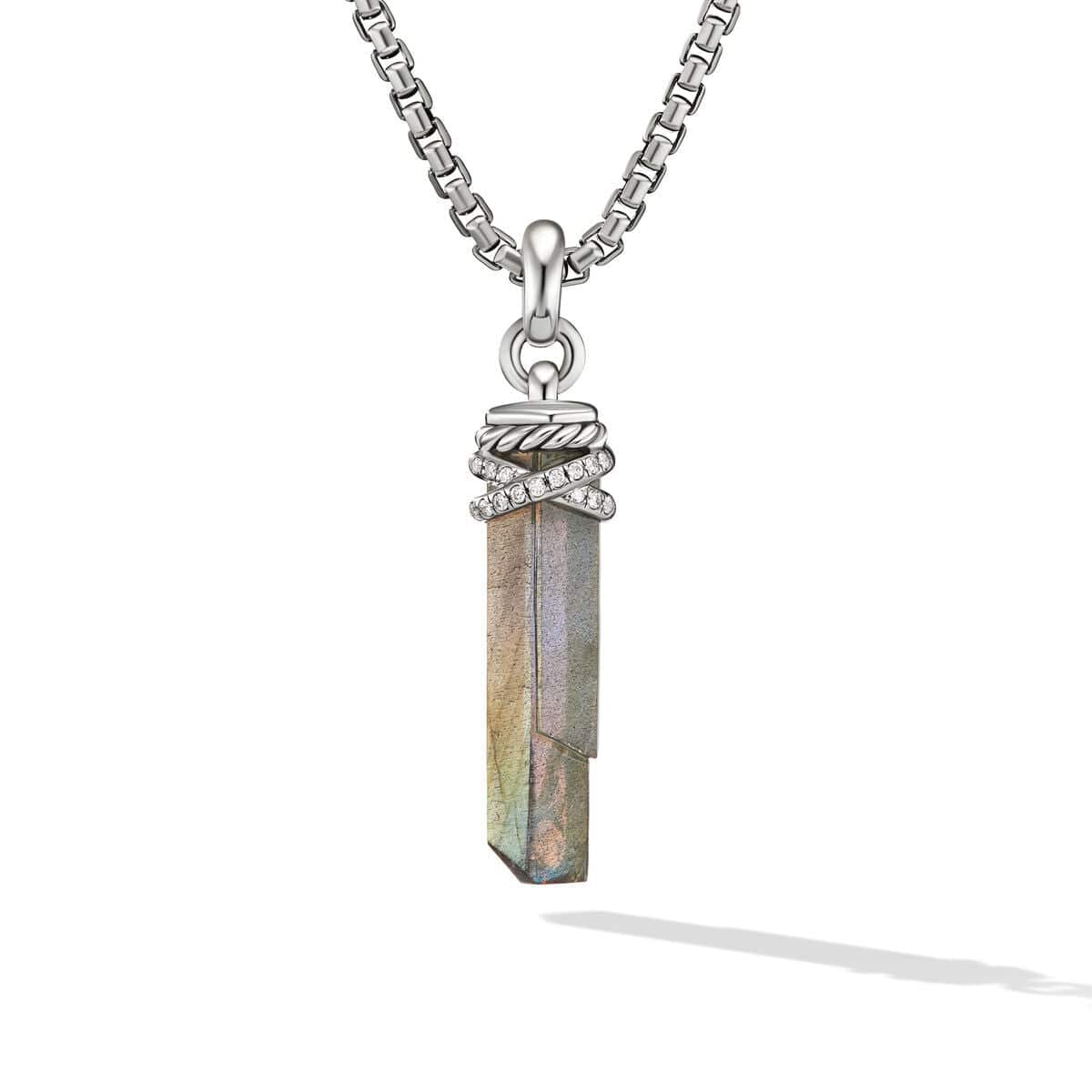 Wrapped Labradorite Crystal Amulet with Sterling Silver and Pavé Diamonds