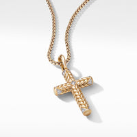 Chevron Sculpted Cross Pendant in 18K Yellow Gold with Pavé Diamonds