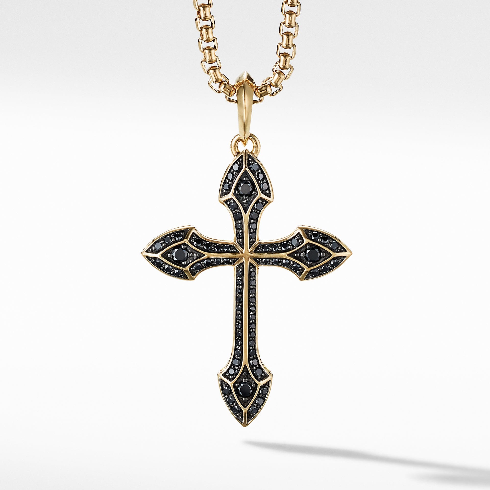 Gothic Cross Amulet in 18K Yellow Gold with Pavé Black Diamonds