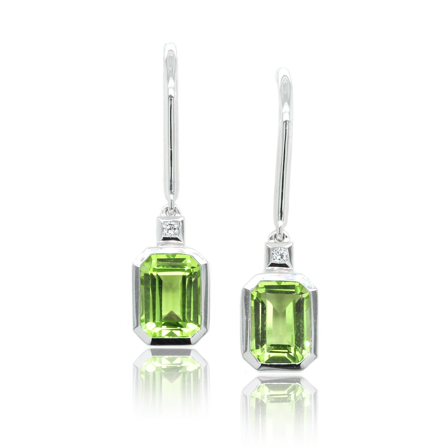 14K White Gold Emerald Cut Peridot Earrings