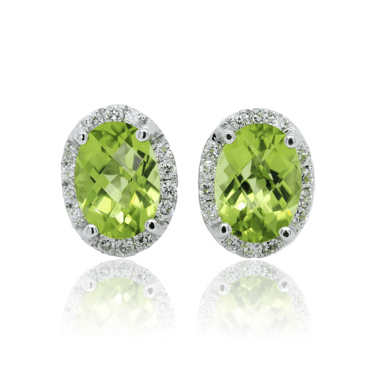 14K White Gold Oval Peridot and Diamond Stud Earrings