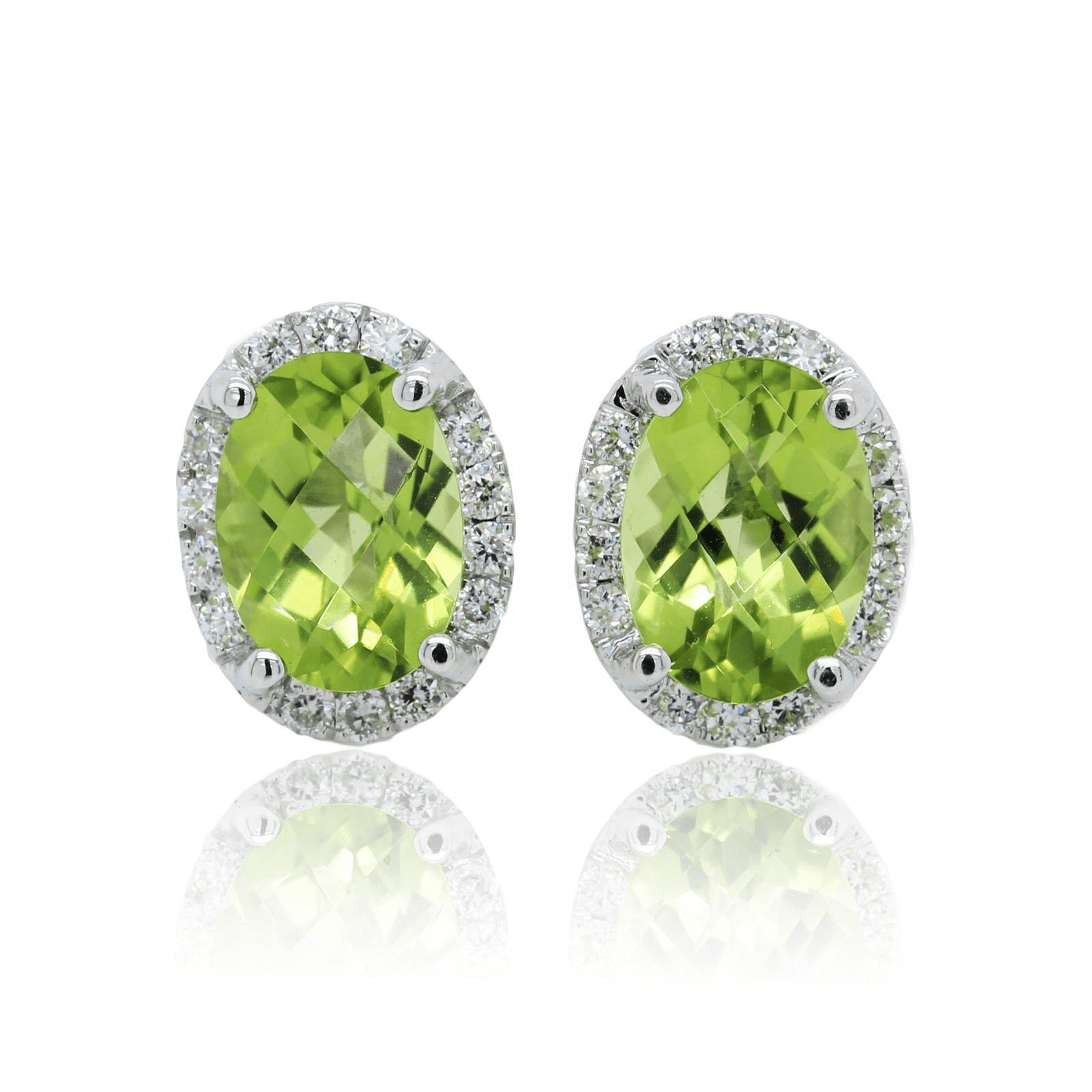 14K White Gold Oval Peridot and Diamond Stud Earrings