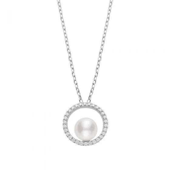 Mikimoto 18K White Gold Pearl Diamond Circle Pendant