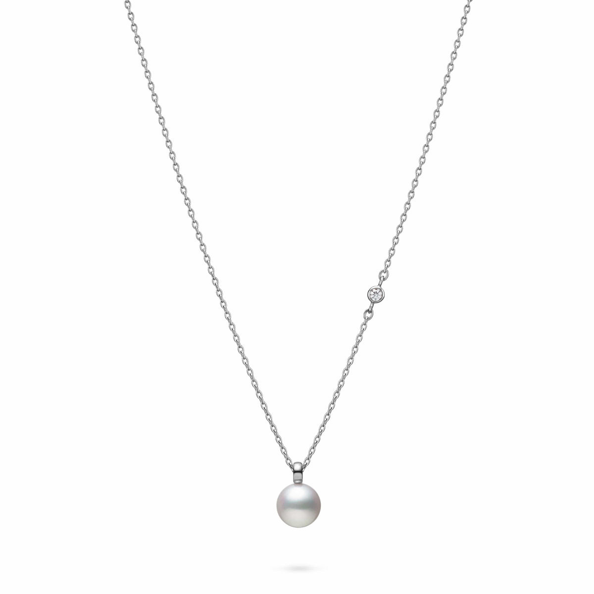 Mikimoto 18K White Gold Pearl Single Diamond Station Necklace