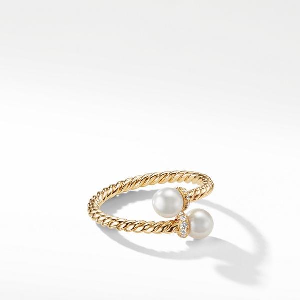 Petite Solari Bypass Ring with Cultured Pearl and Diamonds in 18K Yellow Gold