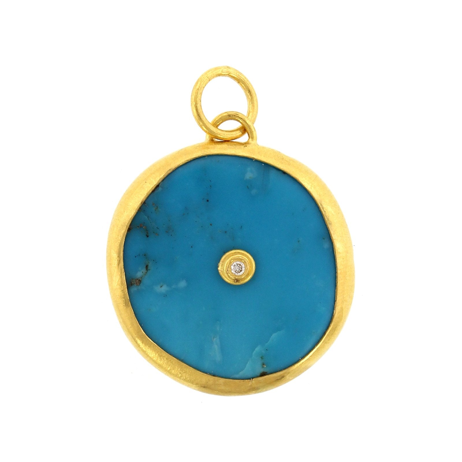 24K Yellow Gold Turquoise Disc Diamond Charm