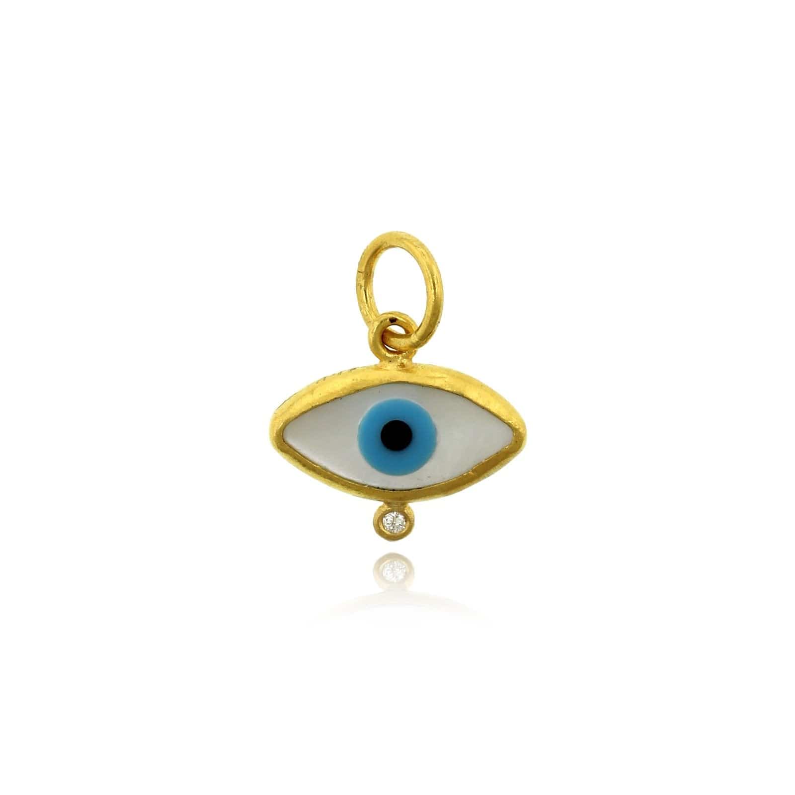 24K Yellow Gold Mother of Pearl Evil Eye Diamond Charm