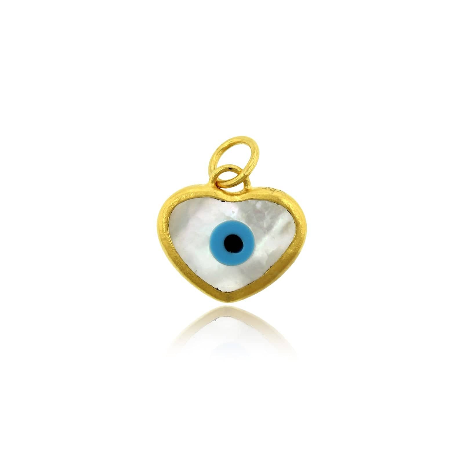 24K Yellow Gold Mother of Pearl Evil Eye Heart Charm