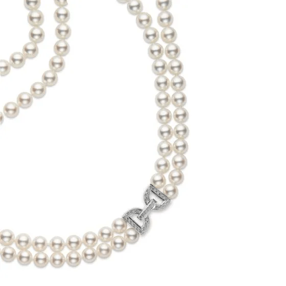 Mikimoto 18K White Gold Double Row Pearl Diamond Necklace