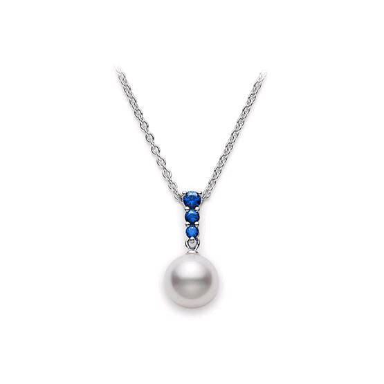 Morning Dew Akoya Cultured Pearl Pendant with Blue Sapphire