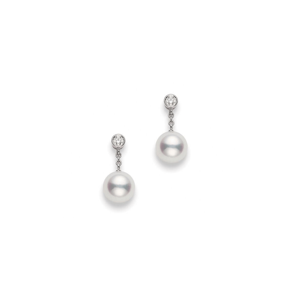Mikimoto 18K White Gold Pearl and Bezel Set Diamond Earrings