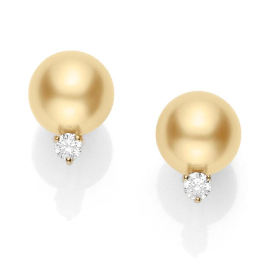 18K Yellow Gold Golden South Sea Pearl Diamond Earrings