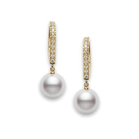 Mikimoto 18K Yellow Gold Pearl Diamond Drop Earrings