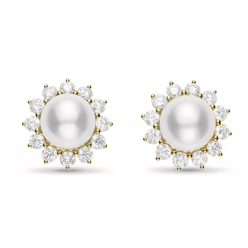 Mikimoto 18K Yellow Gold Pearl Diamond Stud Earrings