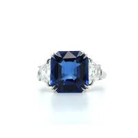 Platinum 3 Stone Emerald Cut Sapphire with Trap Diamond Ring, Platinum, Long's Jewelers