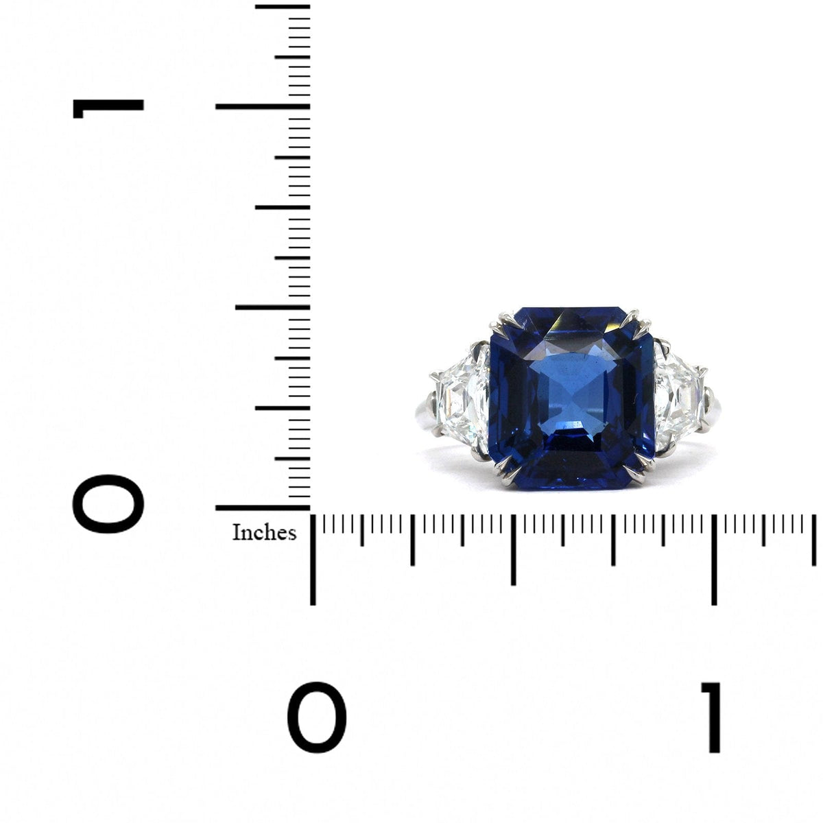 Platinum 3 Stone Emerald Cut Sapphire with Trap Diamond Ring
