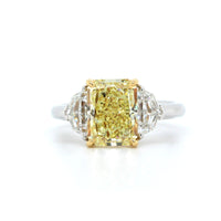 Platinum 3 Stone Fancy Yellow Radiant Diamond with Half Moon Engagement Ring, Platinum and 18K Yellow Gold, Long's Jewelers