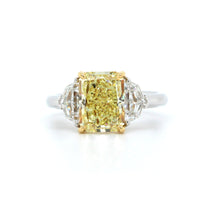 Platinum 3 Stone Fancy Yellow Radiant Diamond with Half Moon Engagement Ring, Platinum and 18K Yellow Gold, Long's Jewelers