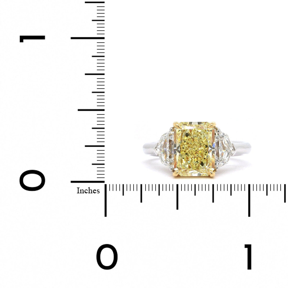 Platinum 3 Stone Fancy Yellow Radiant Diamond with Cadillac Side Stone Engagement Ring