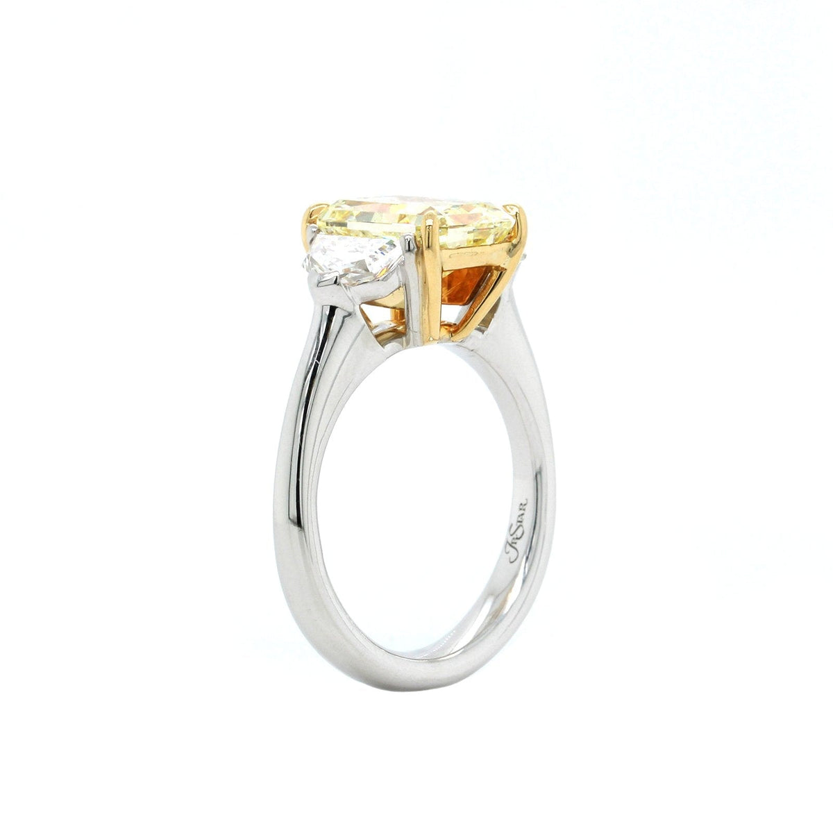 Platinum 3 Stone Fancy Yellow Radiant Diamond with Cadillac Side Stone Engagement Ring