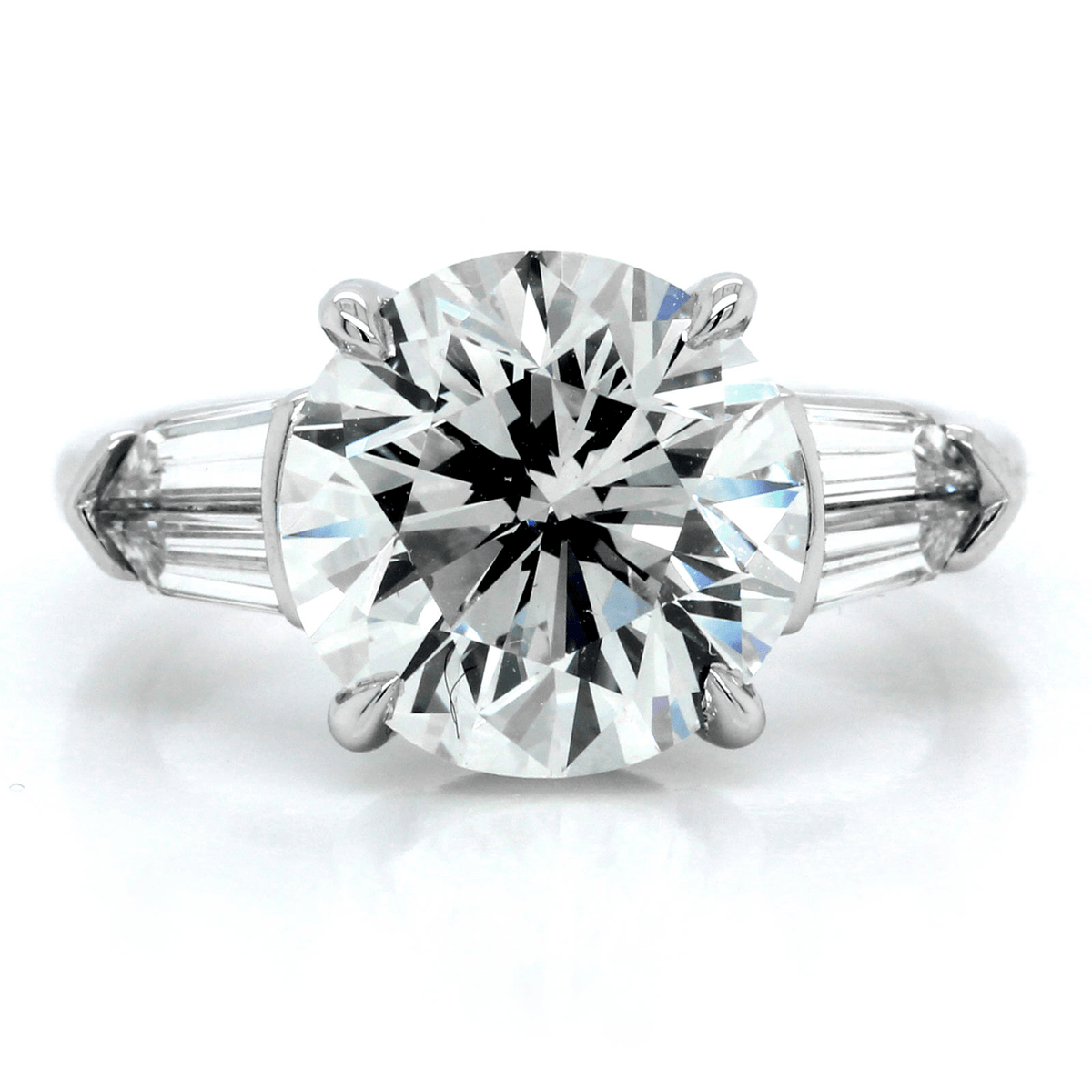 Platinum 3 Stone Round Diamond with Side Baguettes Engagement Ring