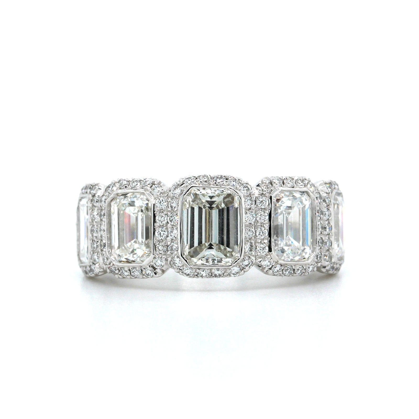 Platinum 5 Stone Emerald Cut Diamond with Diamond Halo Band, Platinum, Long's Jewelers
