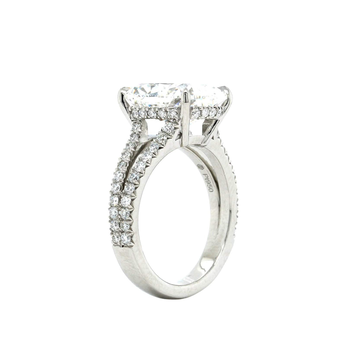 Platinum Elongated Cushion Cut Diamond with Hidden Halo Diamond Split Shank Engagement Ring