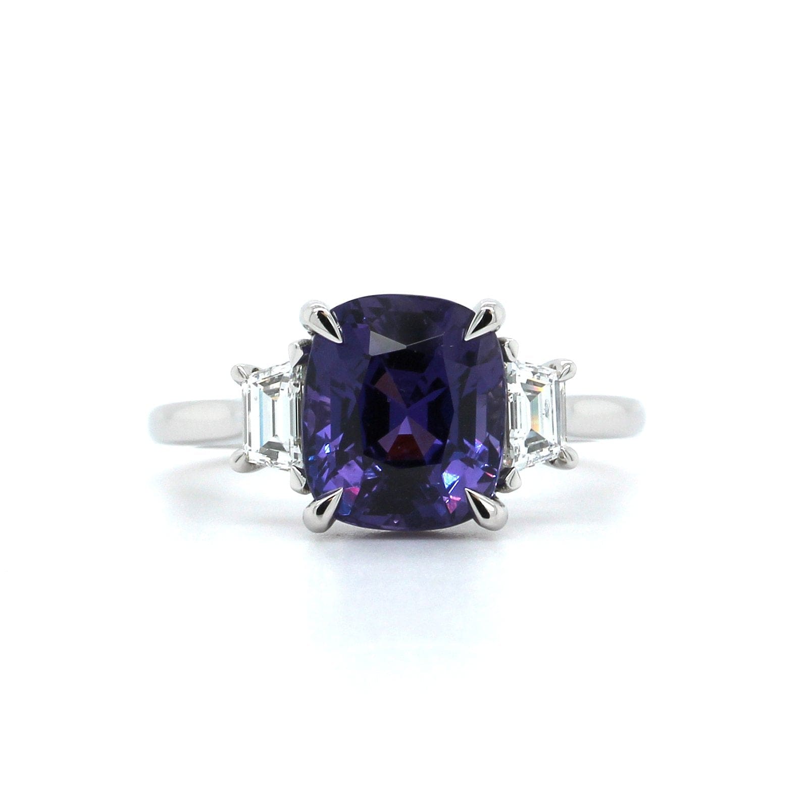 Platinum Cushion Purple Sapphire Diamond 3 Stone Ring, Platinum, Long's Jewelers