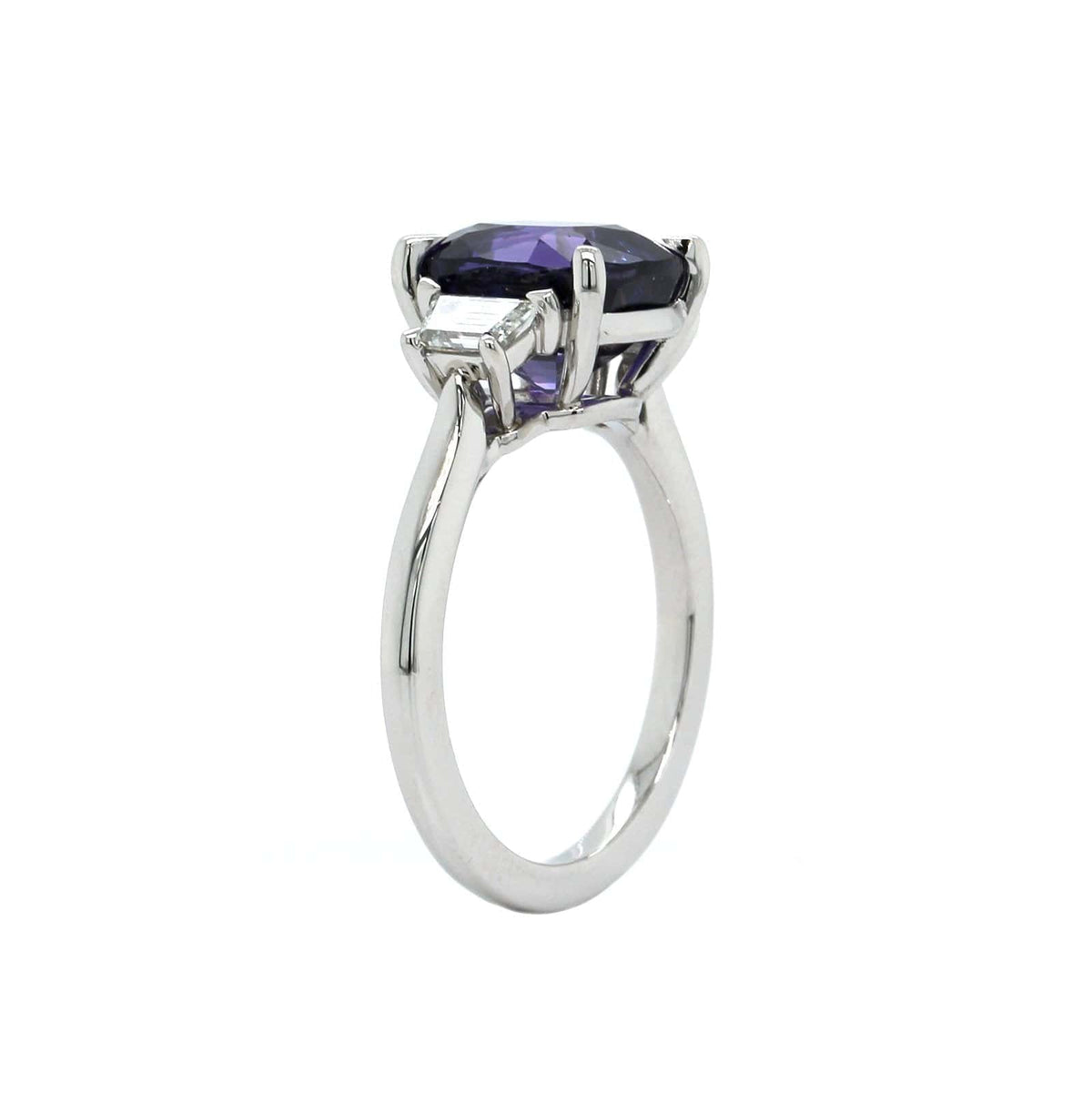 Platinum Cushion Purple Sapphire Diamond 3 Stone Ring, Platinum, Long's Jewelers