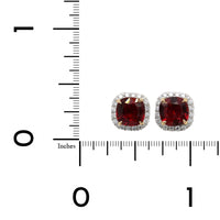 Platinum Cushion Ruby Diamond Halo Stud Earrings, Platinum and 18k yellow gold, Long's Jewelers