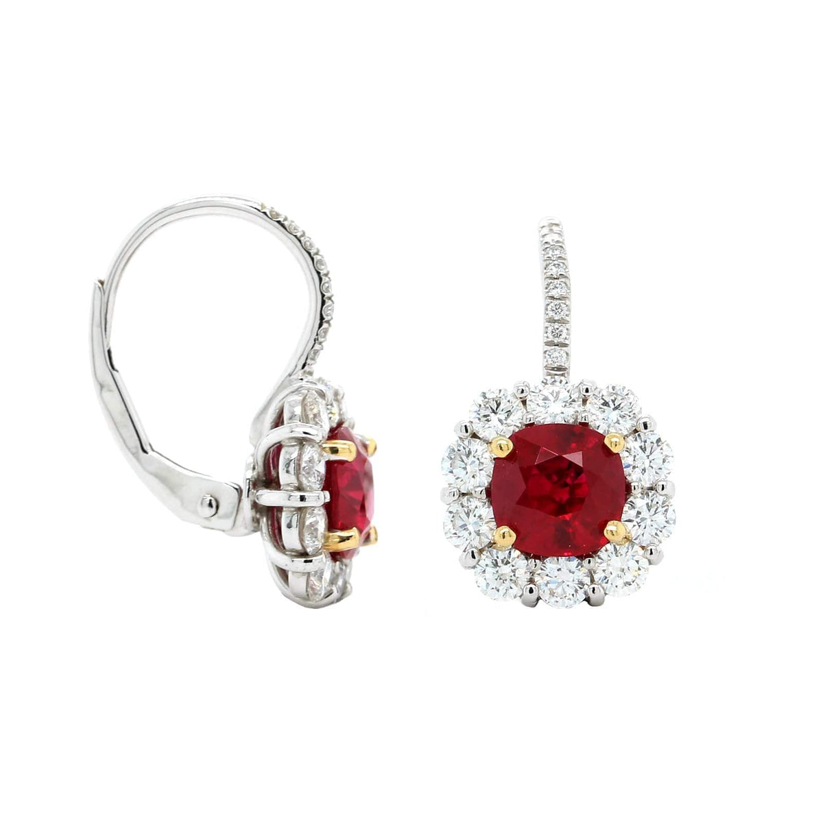 Platinum Cushion Ruby and Diamond Halo Dangle Earrings, Platinum, Long's Jewelers