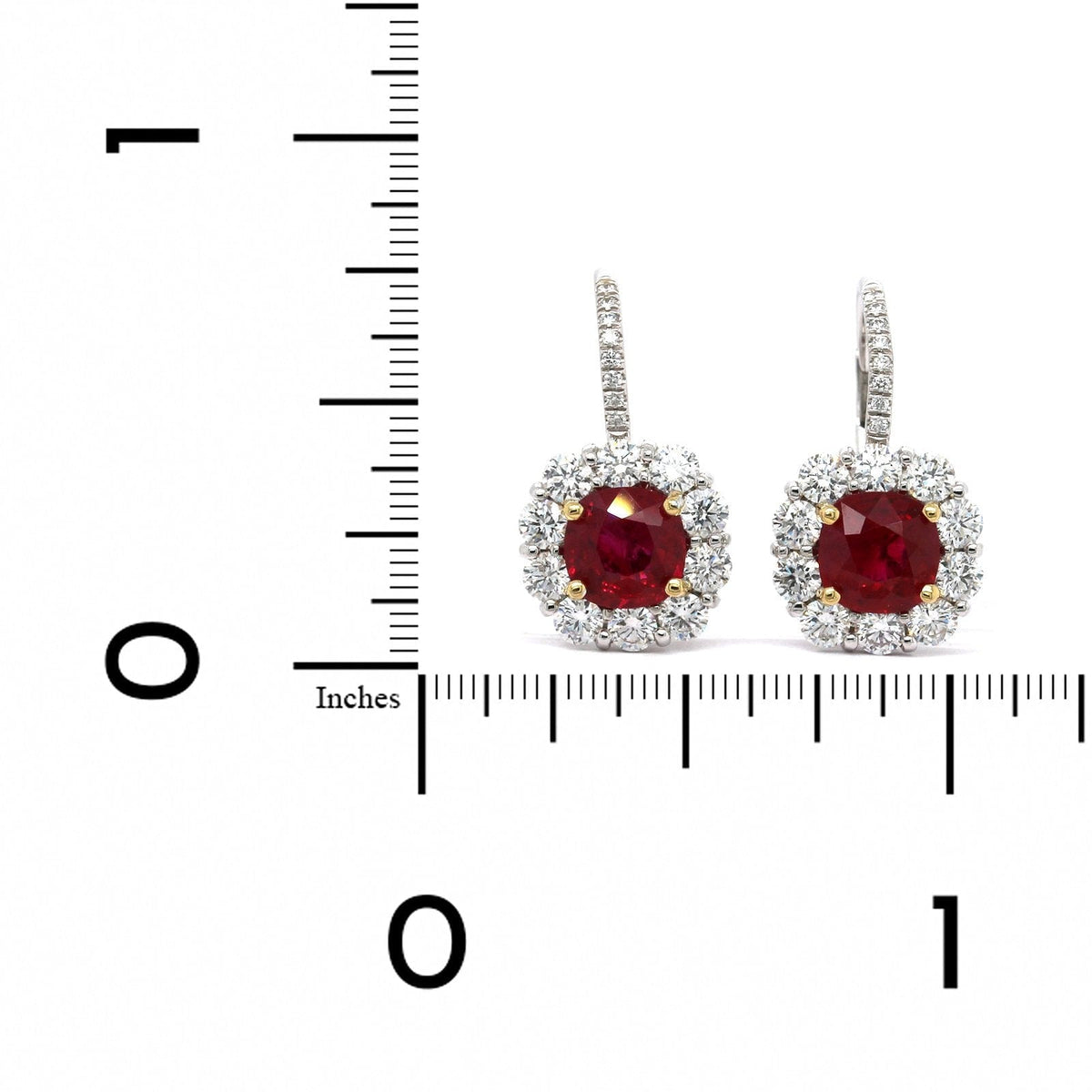 Platinum Cushion Ruby and Diamond Halo Dangle Earrings