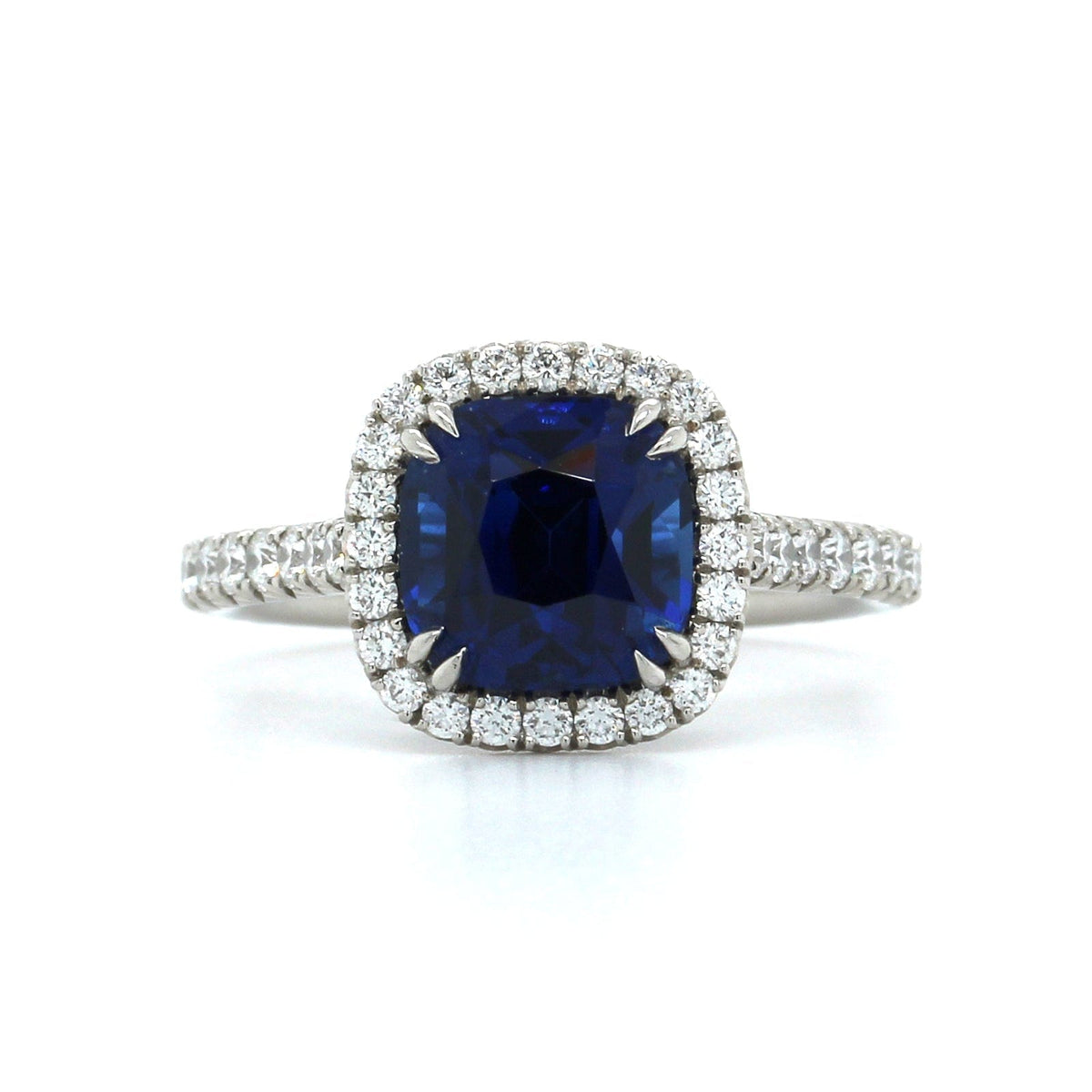 Platinum Cushion Sapphire Diamond Halo Ring, Platinum, Long's Jewelers
