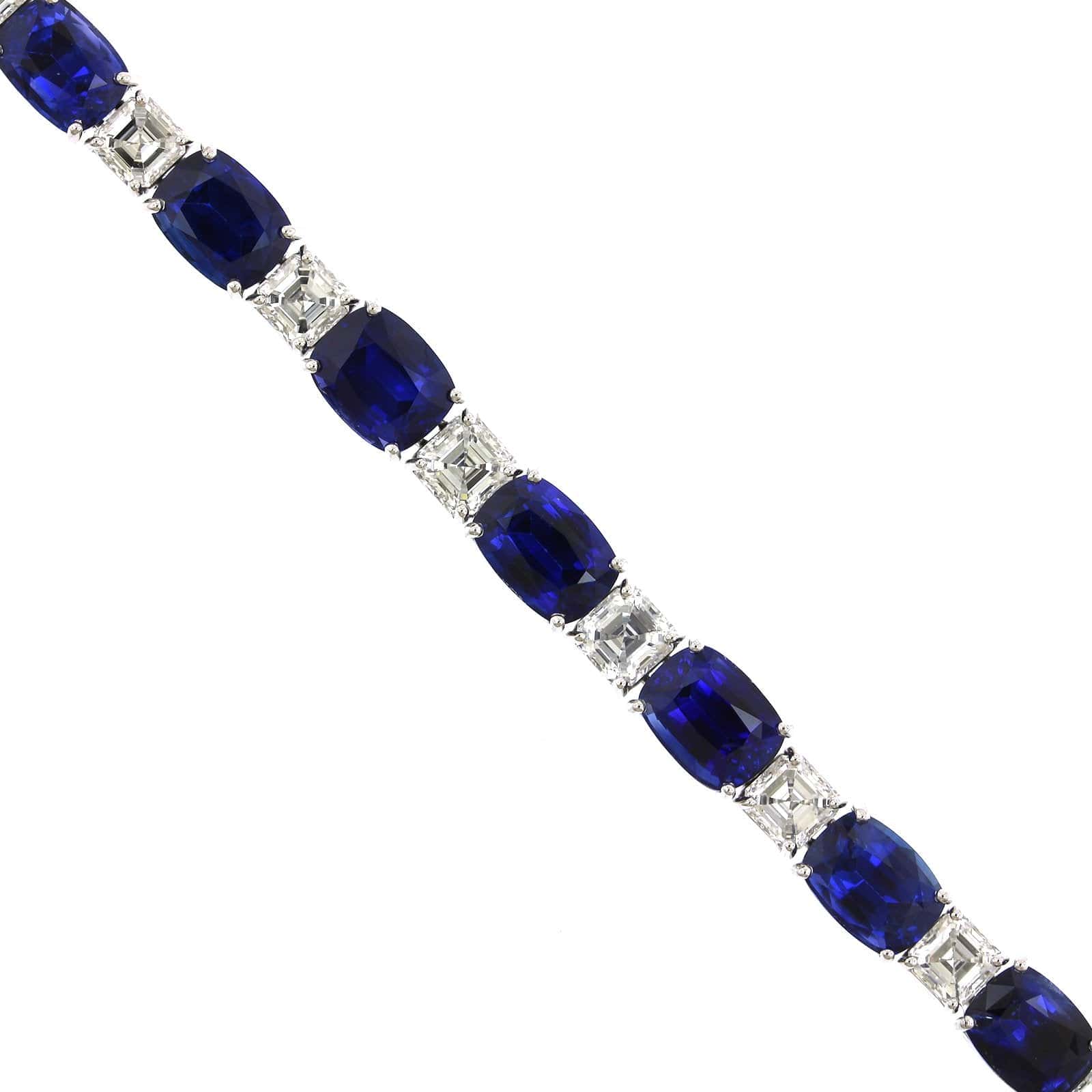 Platinum Cushion Sapphire and Asscher Cut Diamond Tennis Bracelet
