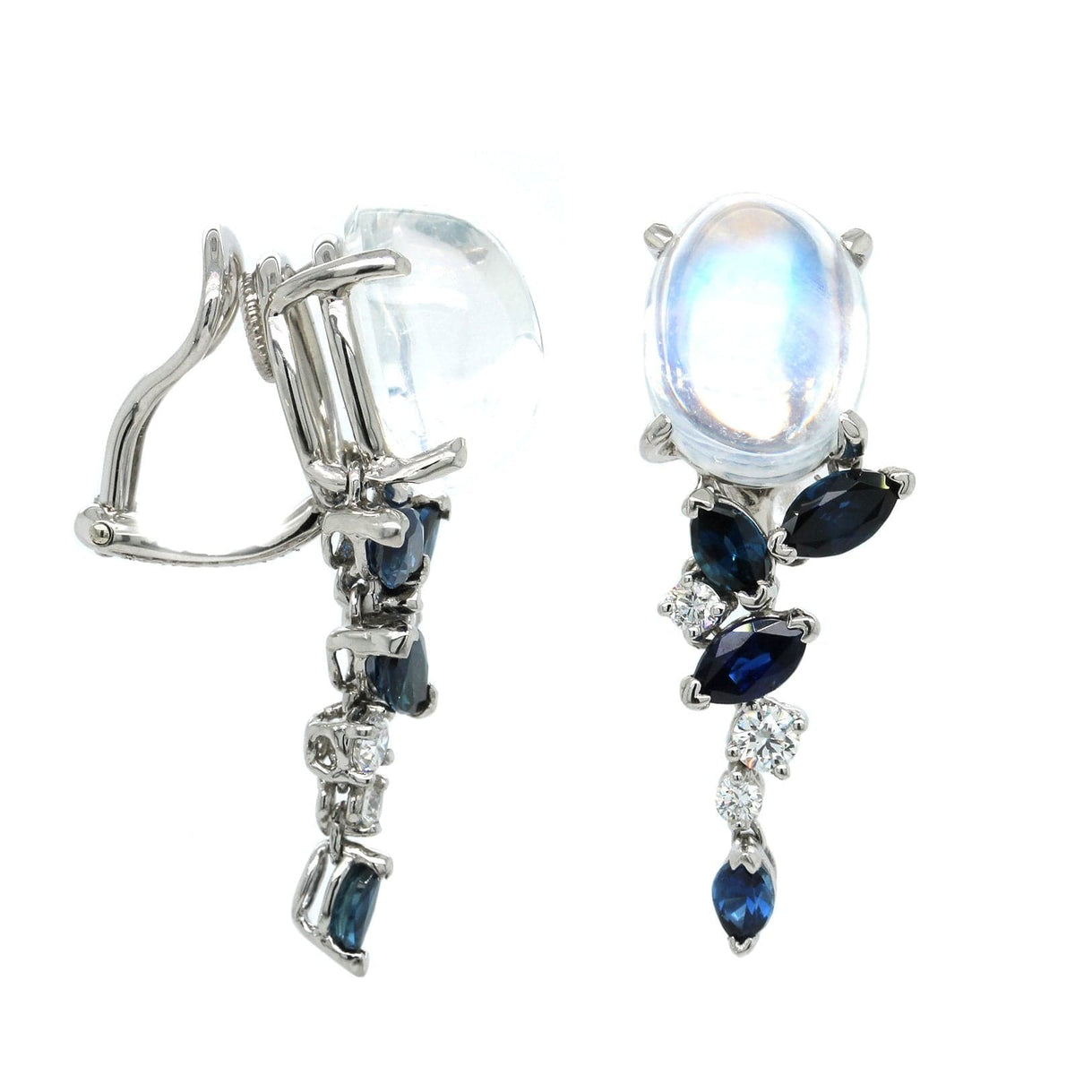 Platinum Moonstone with Sapphire and Diamond Dangle Earrings, Platinum, Long's Jewelers