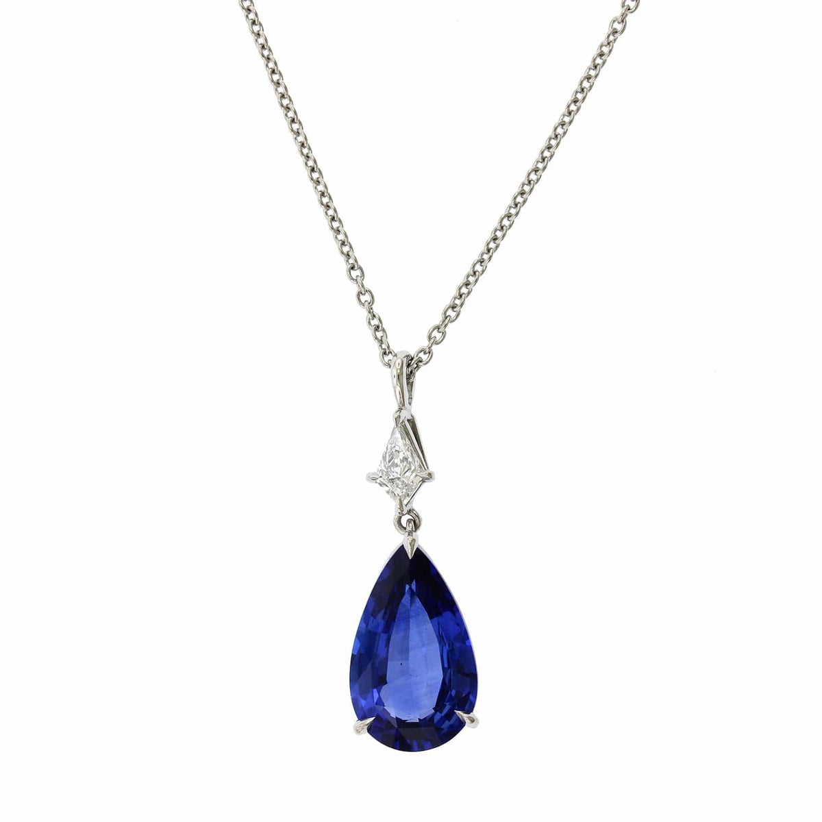 Platinum Pear Shape Sapphire Diamond Pendant, Platinum, Long's Jewelers
