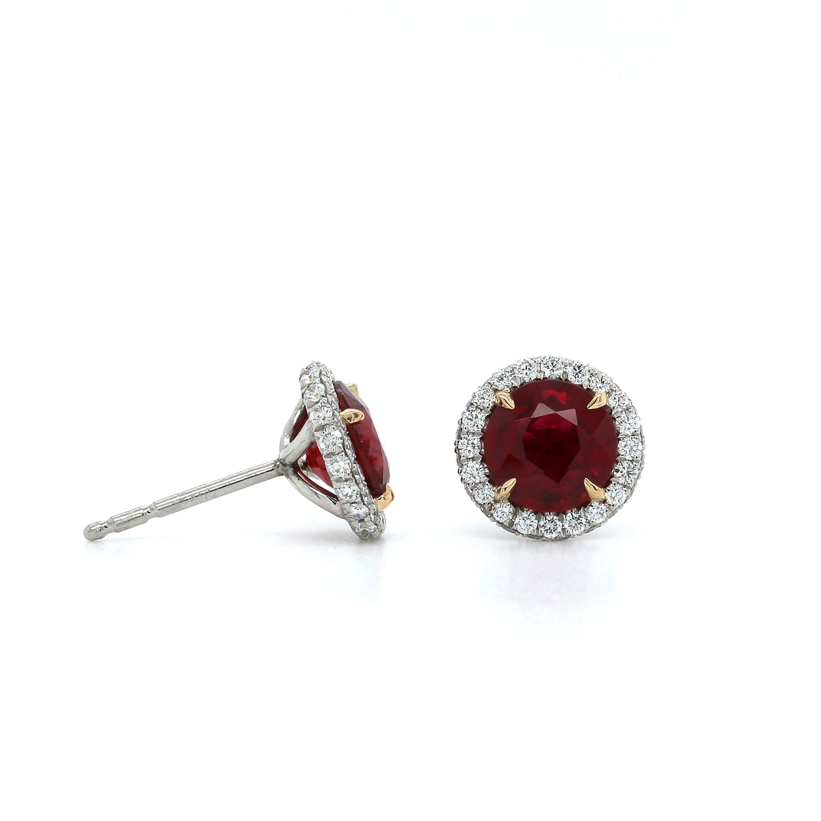 Platinum Ruby Diamond Halo Stud Earrings, Platinum and 18k yellow gold, Long's Jewelers