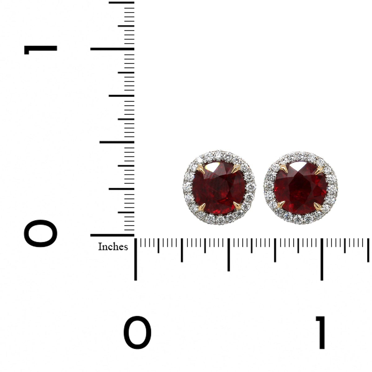 Platinum Ruby Diamond Halo Stud Earrings, Platinum and 18k yellow gold, Long's Jewelers