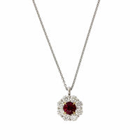 Platinum Ruby and Diamond Halo Necklace
