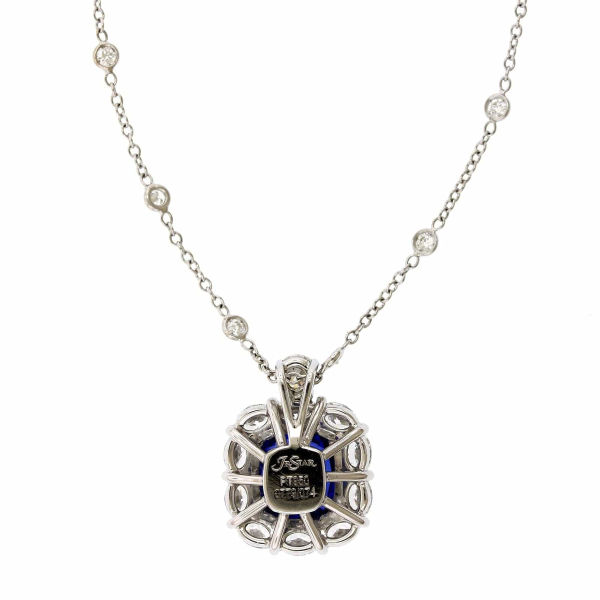 Platinum Sapphire Diamond Halo on Diamond by the Yard Necklace