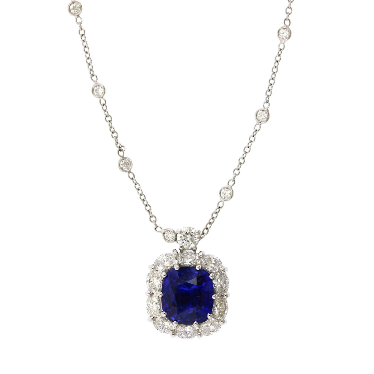 Platinum Sapphire Diamond Halo on Diamond by the Yard Necklace, Platinum, Long's Jewelers