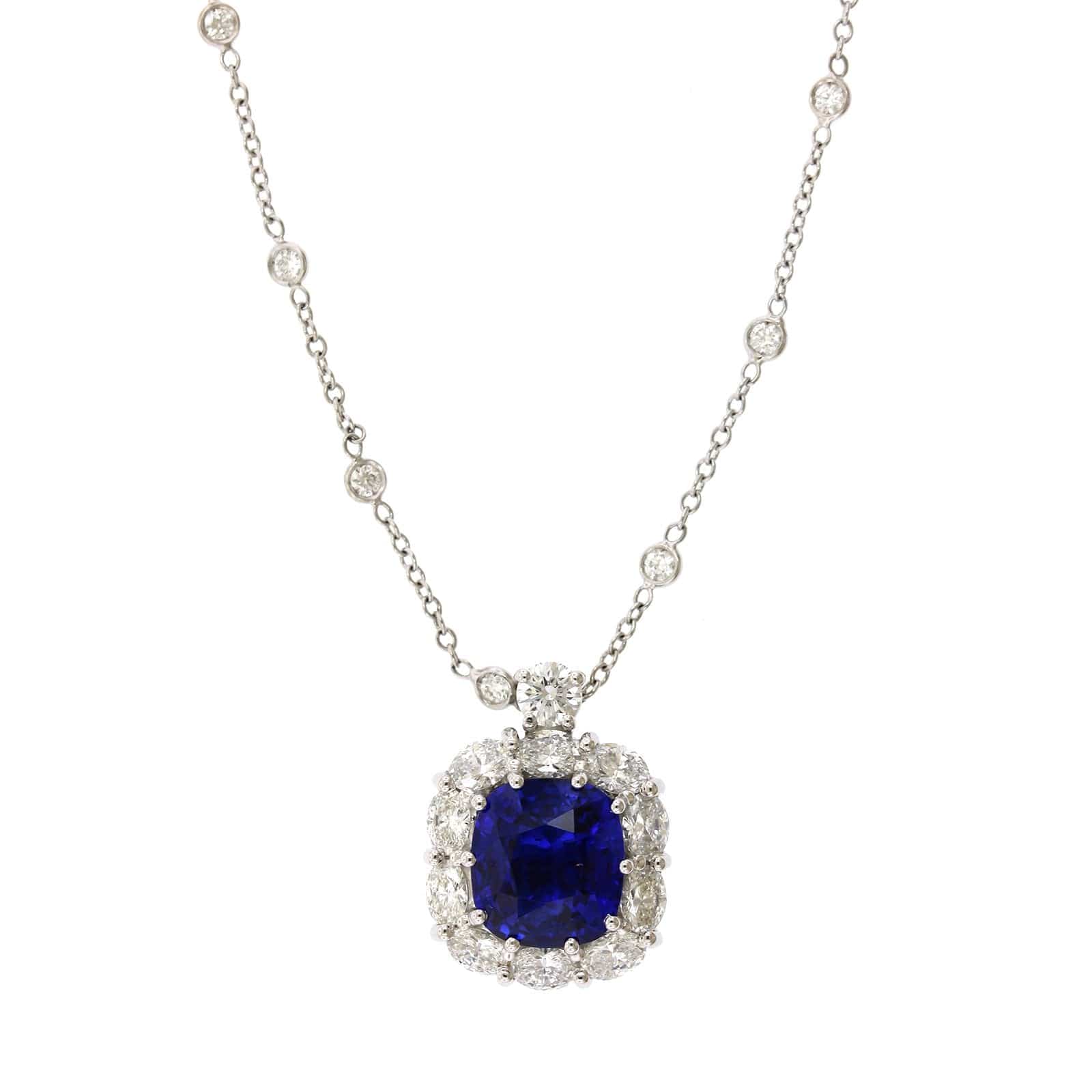 Platinum Sapphire Diamond Halo on Diamond by the Yard Necklace, Platinum, Long's Jewelers
