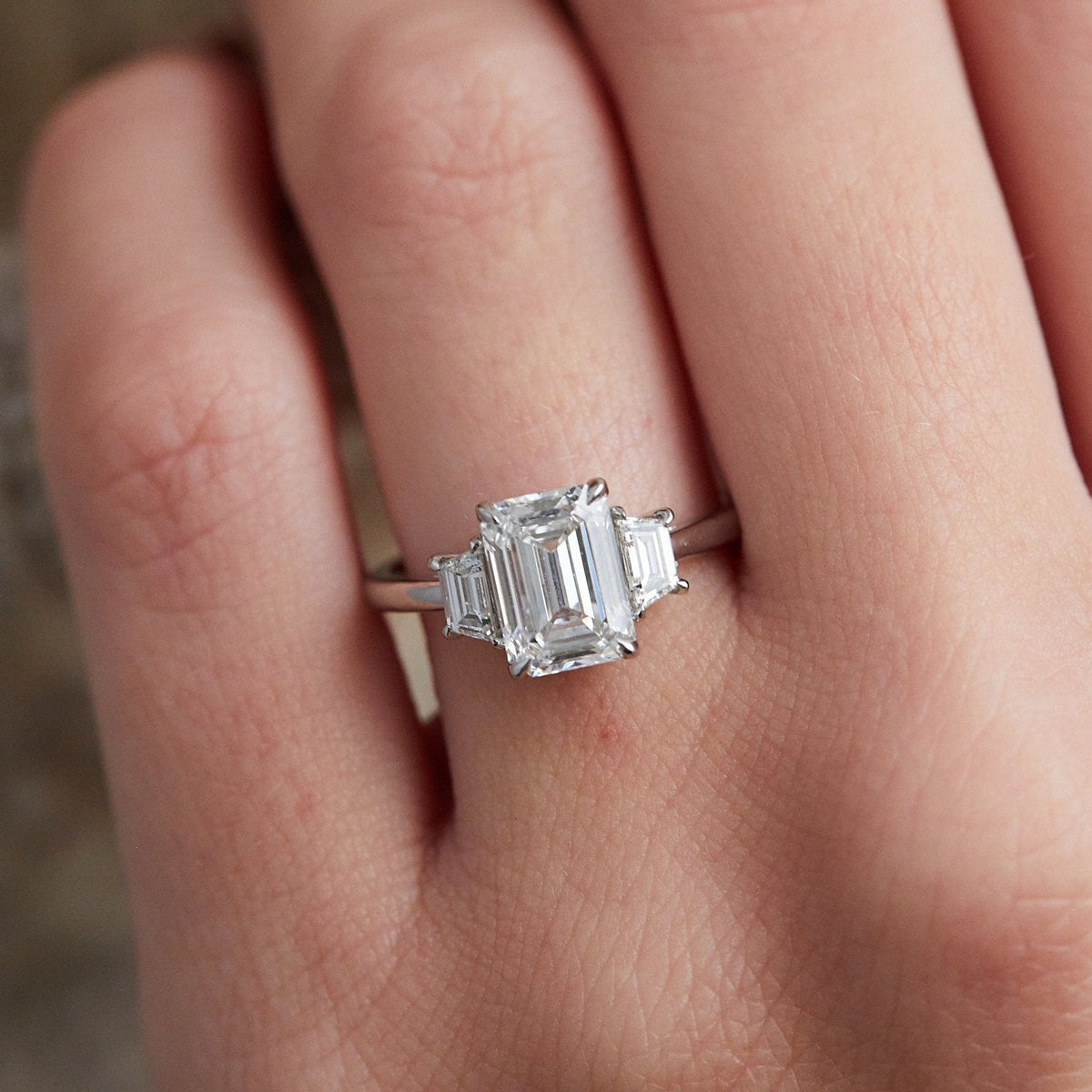 Platinum Three-Stone Emerald Engagement Ring, Platinum, Long's Jewelers